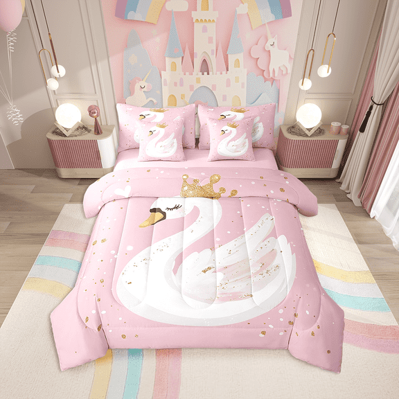 Erosebridal White Swan 7 Piece Comforter Set Full Bed In A Bag For Girls,Pink Cartoon Bedding Sets Sweet Princess Swan Sheet Set With Comforter,Animal Bed Set