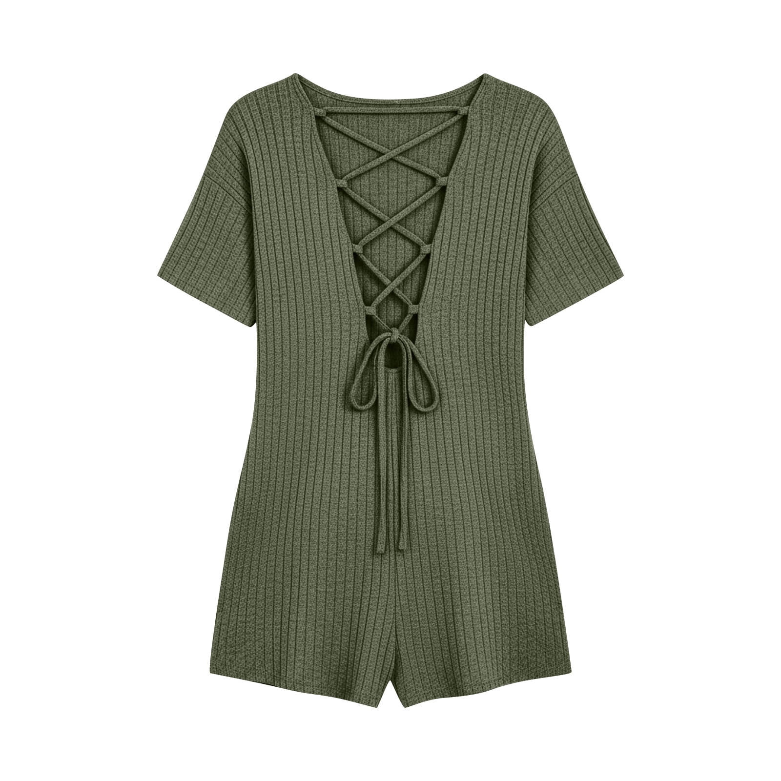Dazajoo Womens Short Sleeve Romper One Piece Ribbed Knit Crewneck Shorts Rompers with Pockets Summer Beach Outfits,Army Green,XXL