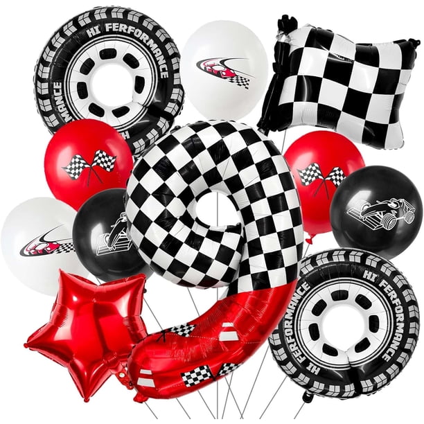 racing theme 40-inch digital foil balloon, featuring black and white checkered pattern and red racing elements, perfect for birthday party decorations and racing-themed events. (Number 3, 11)