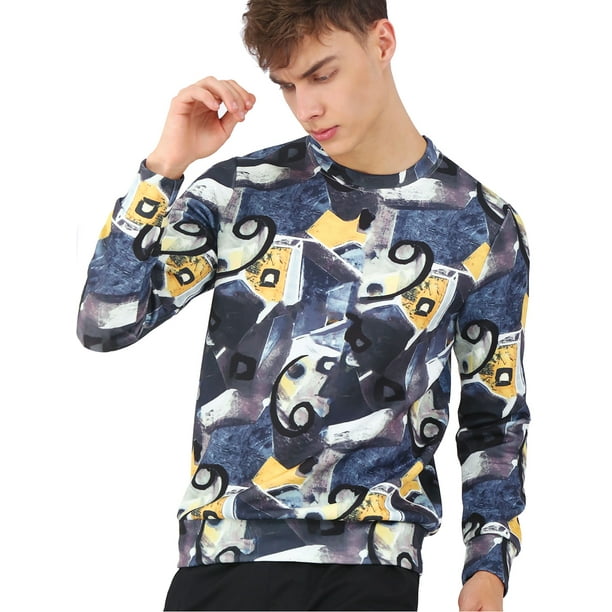 SUDADERAS HIP HOP GEOMÉTRICAS DE CUELLO REDONDO PARA HOMBRE CON IMPRESIÓN DIGITAL INSPIRADORA EN AZUL MARINO