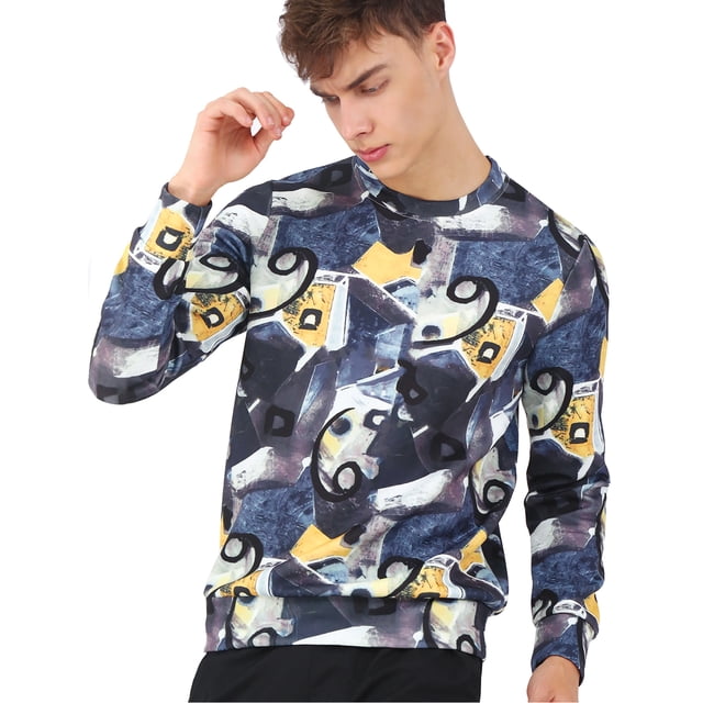 SUDADERAS HIP HOP GEOMÉTRICAS DE CUELLO REDONDO PARA HOMBRE CON IMPRESIÓN DIGITAL INSPIRADORA EN AZUL MARINO