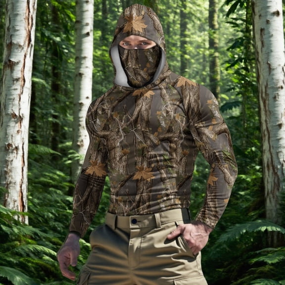 YOIAVAIOY Men's UV Blocking Hoodie Camo Includes a Detachable Face Mask, UPF50 Fabric is Light and Breathable, Suitable for Travel and Sightseeing Camouflage M
