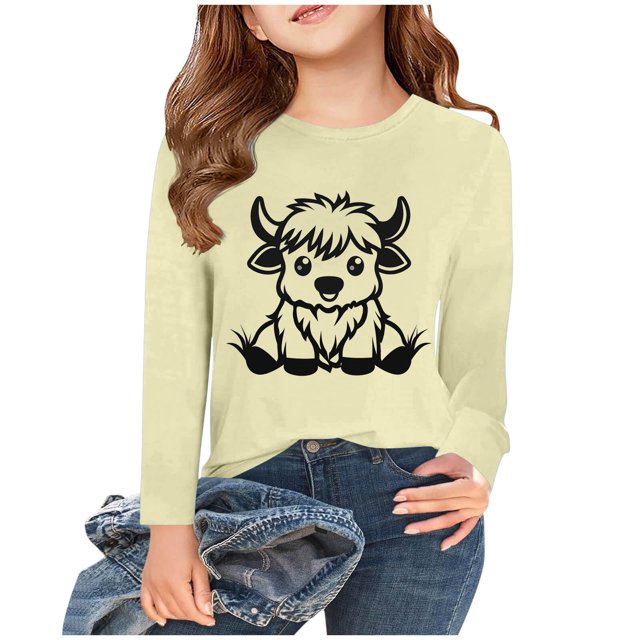 MKOSPLRT Hauts Vache Highland pour Fille Manches Longues T-Shirts Western Col Rond Mignons Chemises Décontractées Blouses Amples 2-15 Ans Cadeaux pour Enfant
