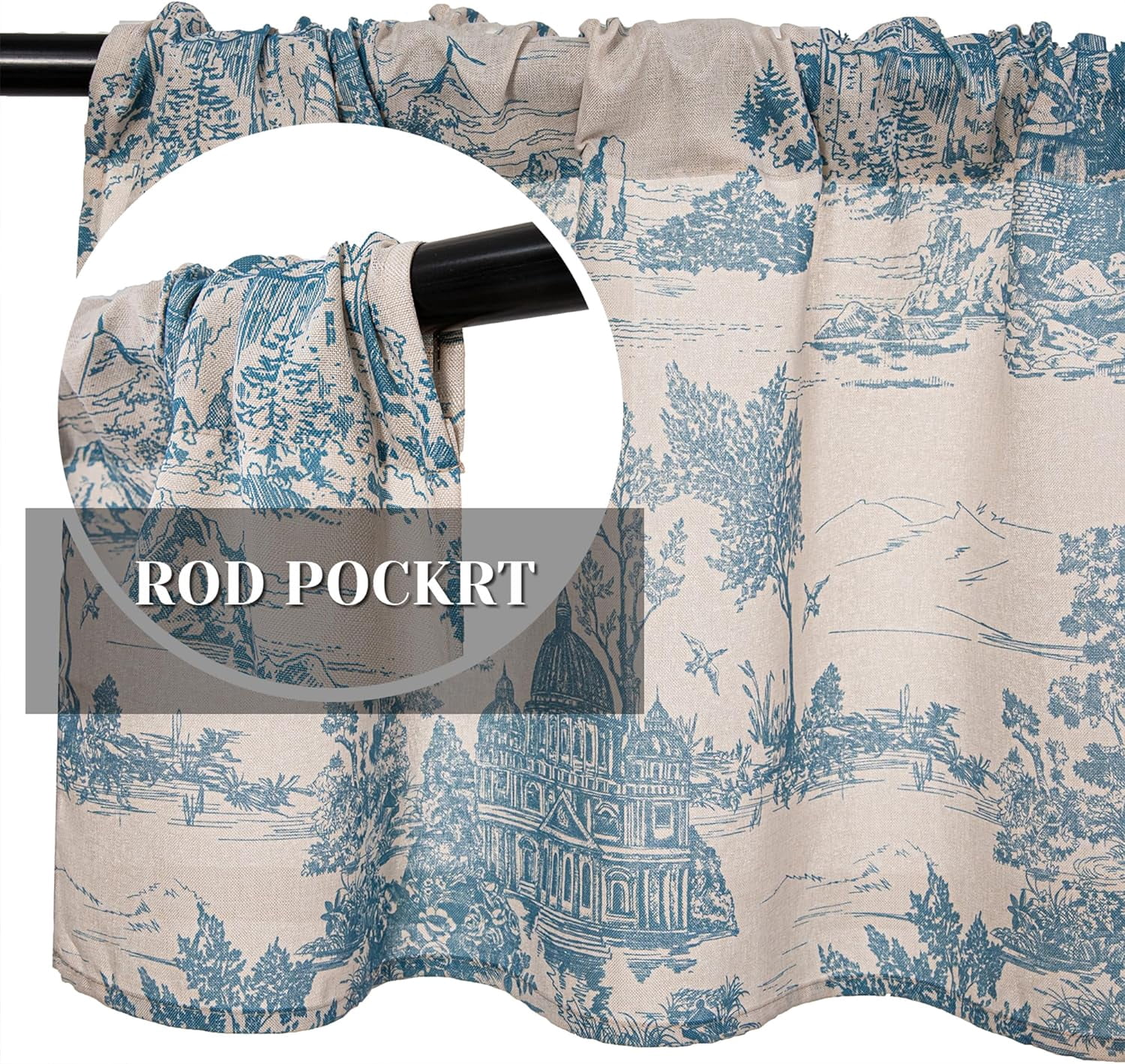 2 Pack Linen Window Valance, 18 Inches Long Kitchen Window Curtains Farmhouse Castle Pattern Rod Pocket Valance for Bathroom Bedroom Living Room, Blue and Natural Color