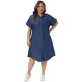 thumbnail image 3 of DARING DIVA Women's Plus Size Denim Short Sleeve Button Down Dress 3X Dark Blue, 3 of 6