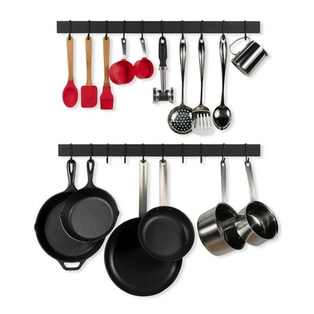 Wallniture Wall Mount Pot and Pan Storage Bar Rack Kitchen Organizer Hanging Utensils Rack and Entryway Coat Rack - 30 Inch - 20 S Hooks - Black - Set of (Best Wall Mounted Pot Rack)