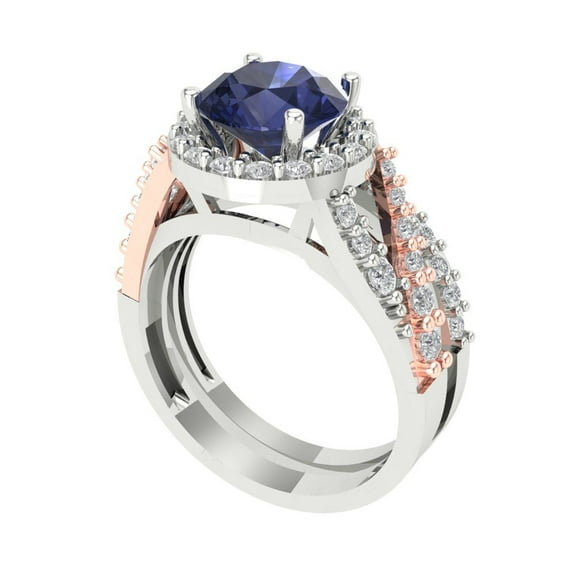 2.32 ct Brilliant Round Cut Blue Sapphire 14k White/Rose Gold Halo Solitaire with Accents Engagement Bridal Wedding Ring Band Set size 6.25