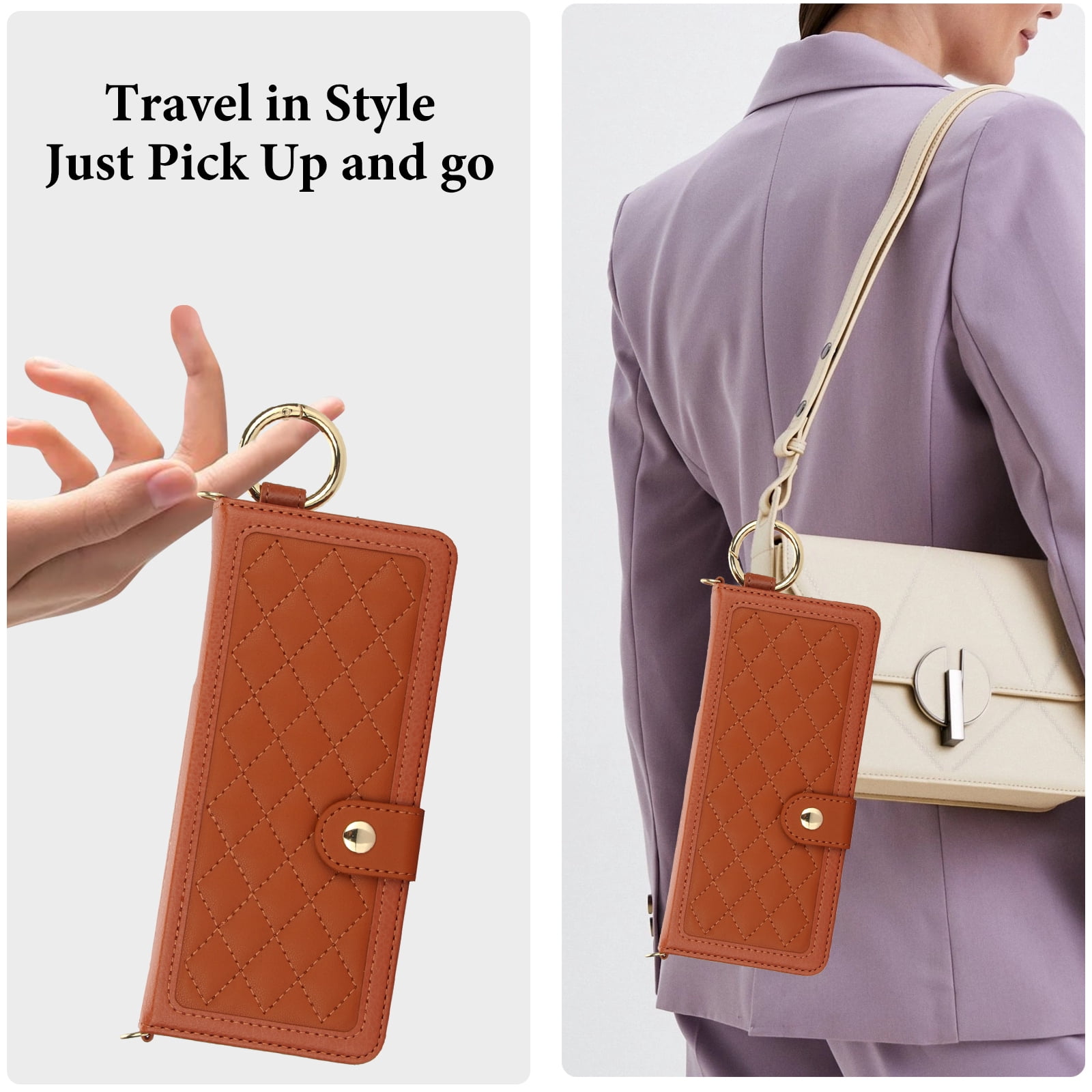 for Samsung Galaxy Z Fold 4 Crossbody Wallet Case, RFID Blocking Card Slots, Ring Buckle Luxury PU Leather Flip Phone Case with Pen Slot Lanyard Strap Wristband Kickstand Cover, Brown