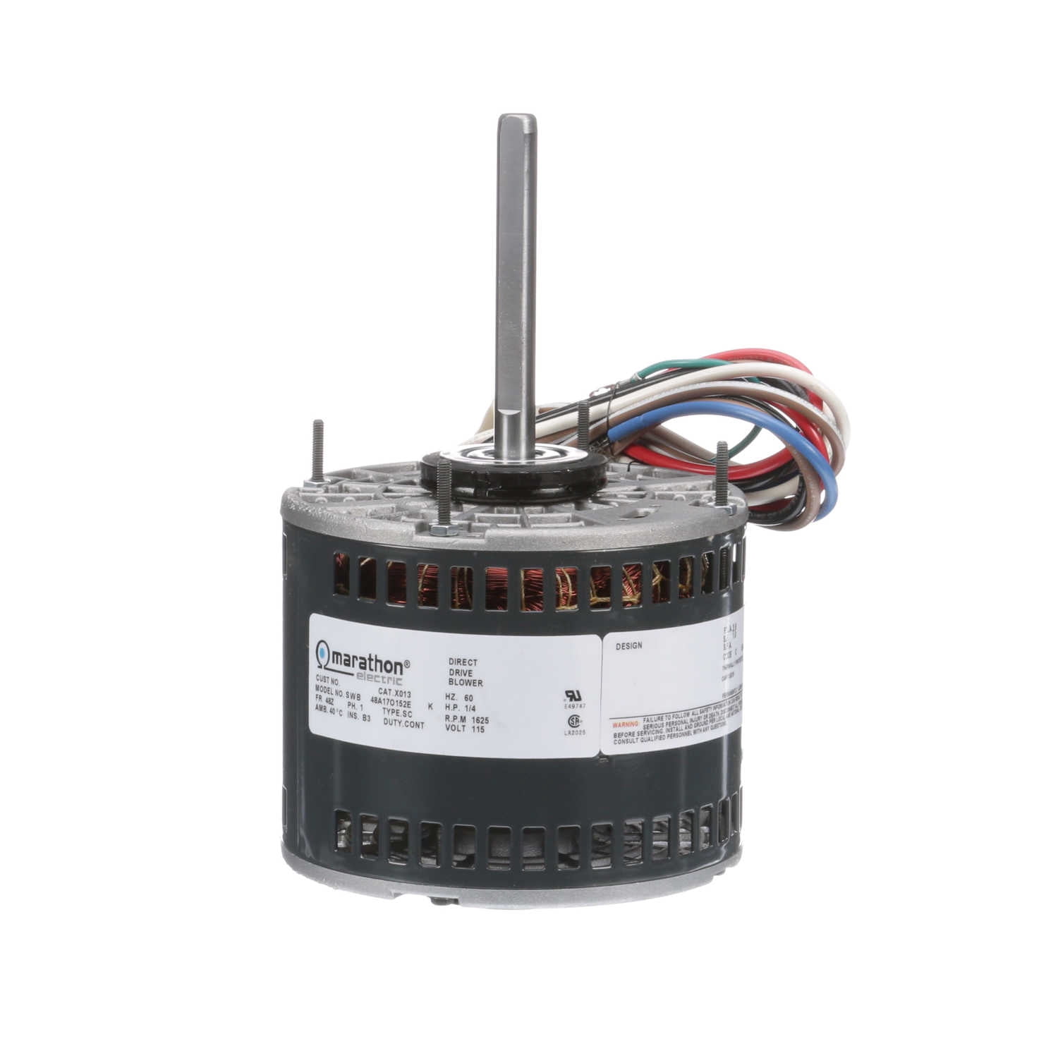Marathon X013 48Y Frame Open Air Over 48A17O152 Direct Drive Motor 1/4 hp, 1625 rpm, 115 VAC, 1 Phase, 3 Speeds, Ball Bearing, Permanent Split Capacitor, Thru-Bolt