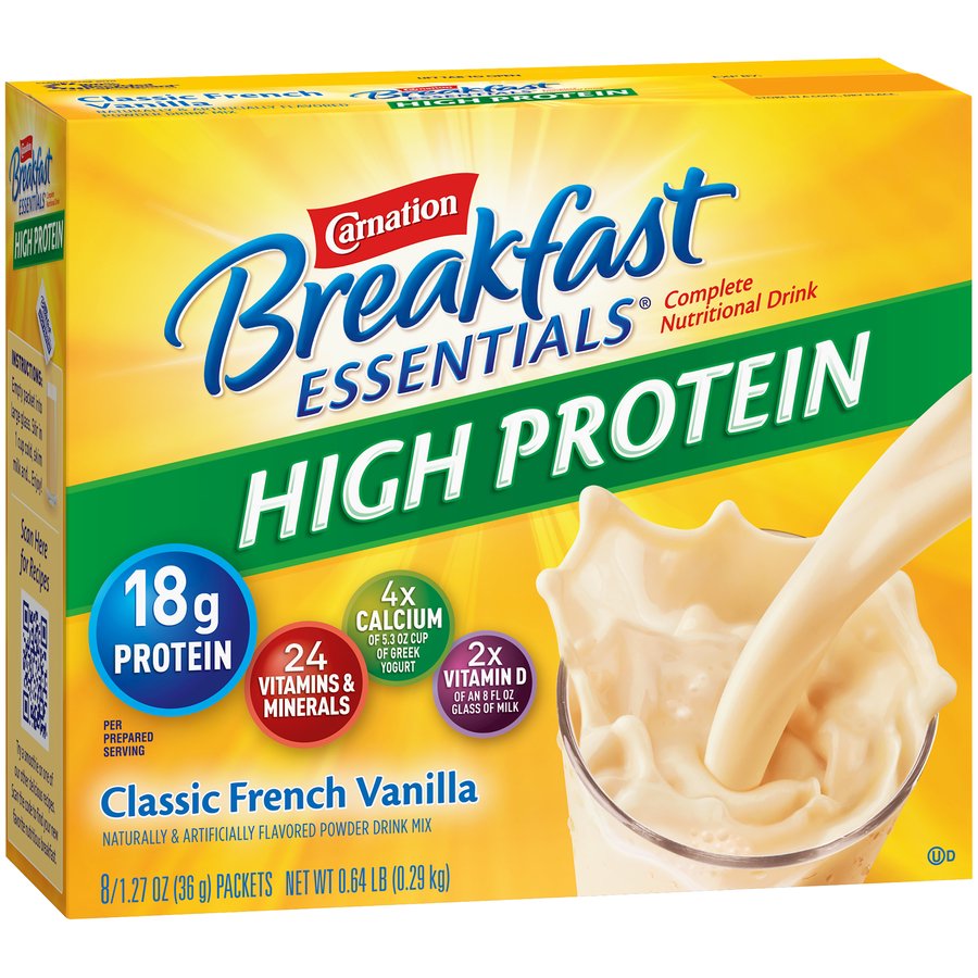 Carnation Breakfast Essentials High Protein, Classic French Vanilla Powder, 1.27 oz Packets, 8