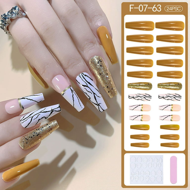 24Pcs Long Press on Nails Blue Fake Nails with Gold Foil for Nails Marble  Design Nail Art Supplies Full Cover Artificial Nail Glue on Nails Coffin