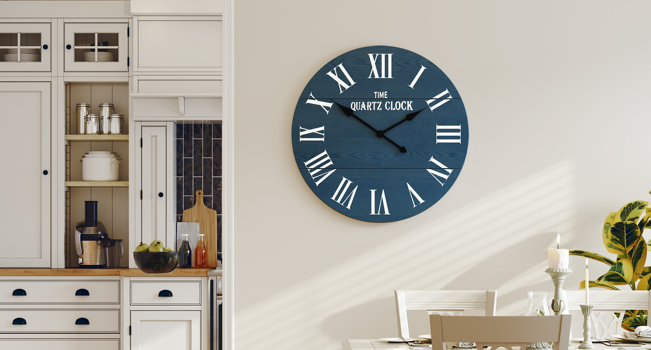 CBJCBJ 35.5” Farmhouse Large Shiplap Round Wall Clock with Roman Numeral for Living Room Decor, Blue