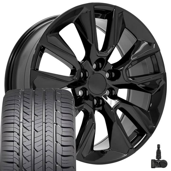 OE Wheels CV32 22 Inch Rims and Tires Fit Silverado 1500 Style 6x139.7 22x9 Gloss Black - Hollander 5916 - Eagle Sport AS 285/45-22 (Set of 4)