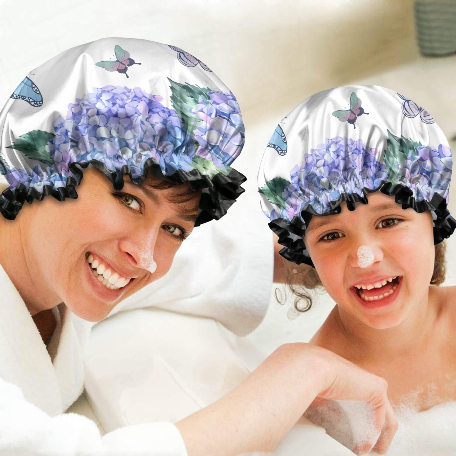 Shower Caps,Pink Butterfly Flower Pattern Waterproof Shower Cap for Women 4 Pieces,Double Reusable Hair Cover for Shower PEVA Elastic Stretch Hem