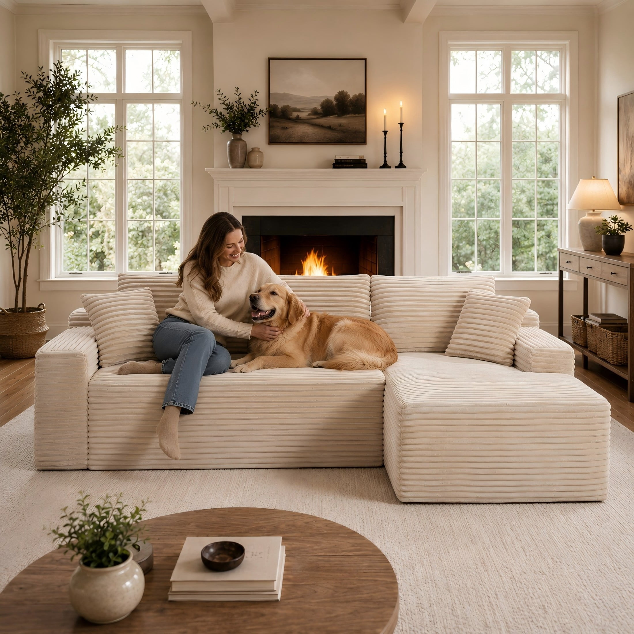 Aukfa 107" Cloud Modular Sectional Couch with Right-Facing Chaise, Corduroy Deep Seat Boneless Sofa for Living Room, Apartment, Camel