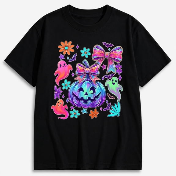 Women's Neon Ghosts Bows and Pumpkin Halloween Shirt, Cute Spooky Graphic Short Sleeve T-Shirt