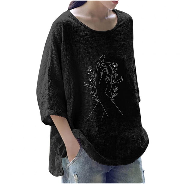 Camiseta holgada de manga 3/4 con cuello redondo y estampado a la moda para mujer Fridja fjkfkj3146