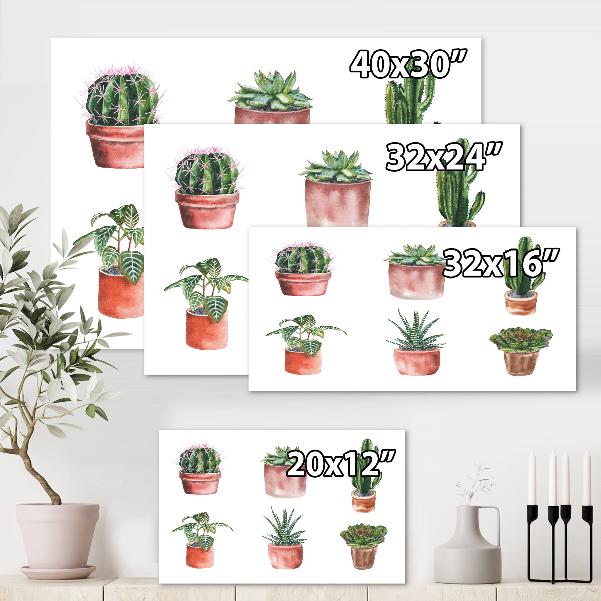 Cactus and Succulents In A Clay Pot 32 in x 24 in Painting Canvas Art Print, by Designart