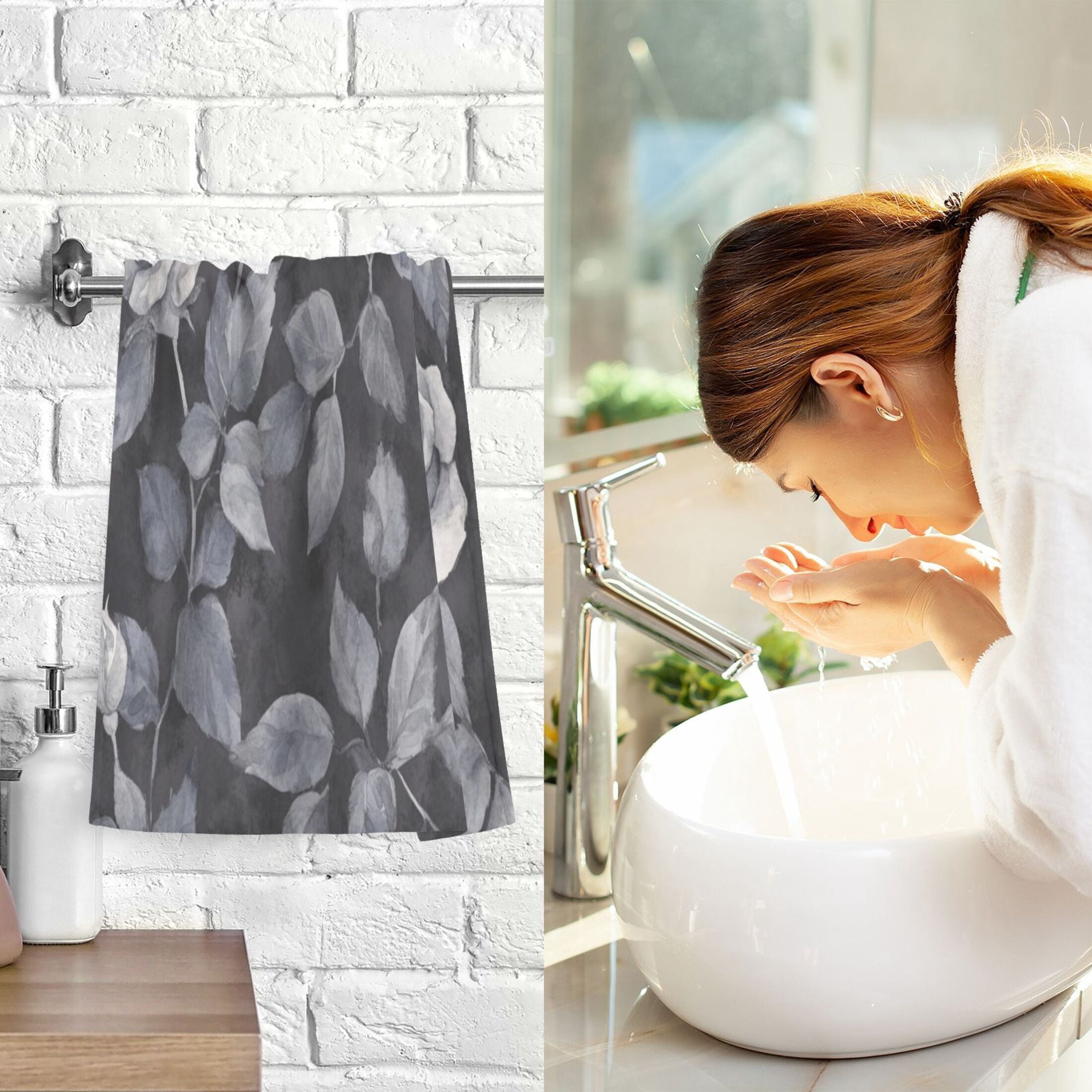 Cotton Towel Two-Piece 16x28 Inch One Sizex2 Face Towel Set Towel Set Cotton Hand Bath Towel Bathroom Beach Black Flowers Seamless