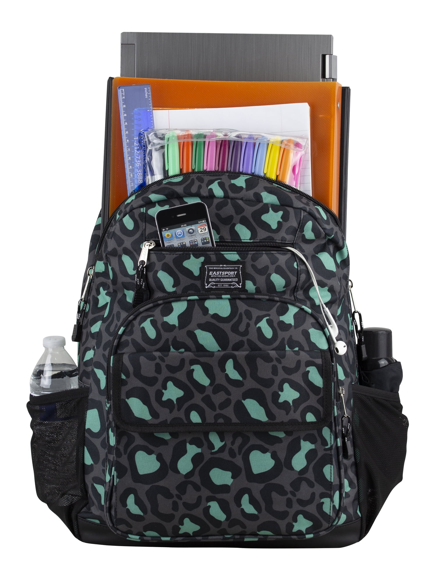 Eastsport Unisex Everyday Tech Backpack, Black Mint Leopard
