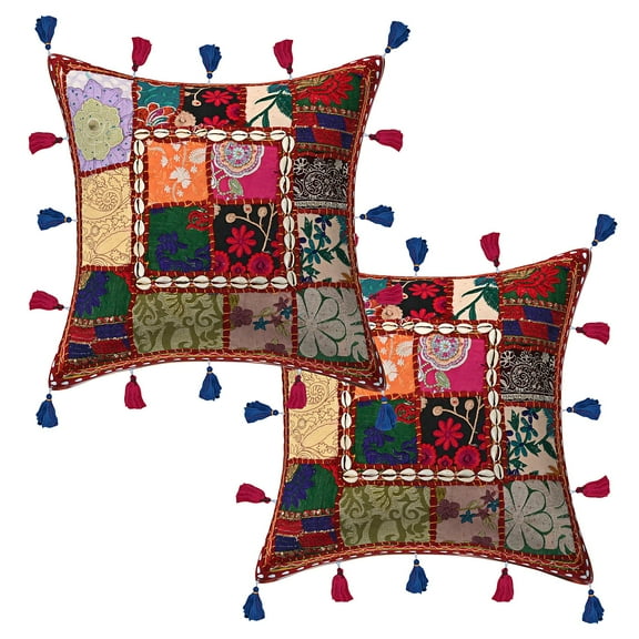 Stylo Culture Ethnic Decorative Throw Pillow Covers Patchwork 16x16 Embroidered Cowrie Maroon Hippie 40 x 40 cm Living Room Cotton Sea Shell Tassels Square Cushion Covers | Set Of 2