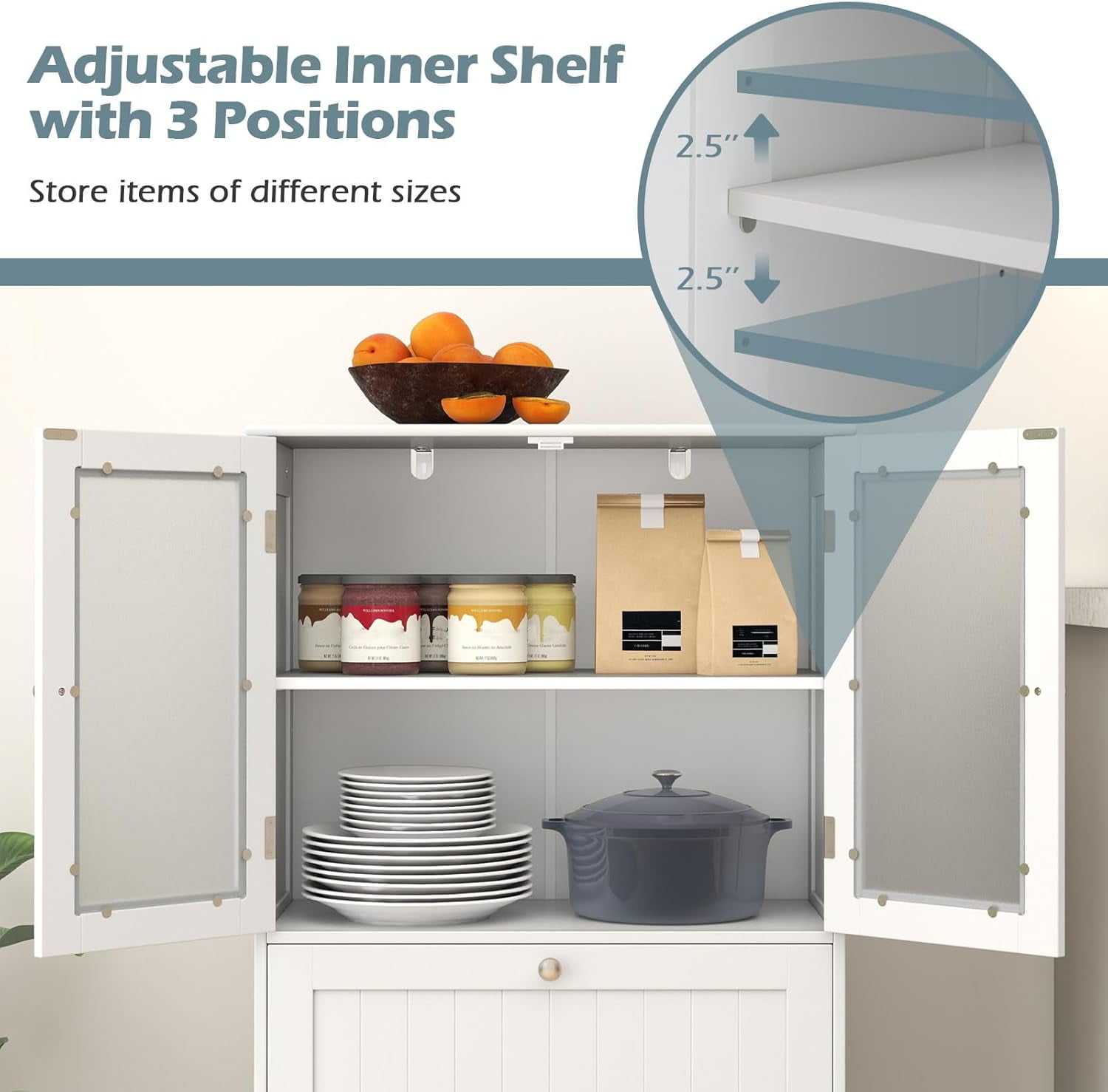Favory Bathroom Storage Cabinet w/2 Large Drawers, Tall Pantry Cabinet w/Adjustable Inner Shelf, Frosted Tempered Glass Doors, Freestanding Floor Cabinet for Living Room, Kitchen, Dining Room
