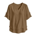 thumbnail image 6 of Women's Bohemian Raw Edge Cotton Linen Blend Short Sleeve Tunic Top Loose Fit Casual Blouse Summer Vacation Outfit Lightweight Everyday Wear Khaki XL, 6 of 8