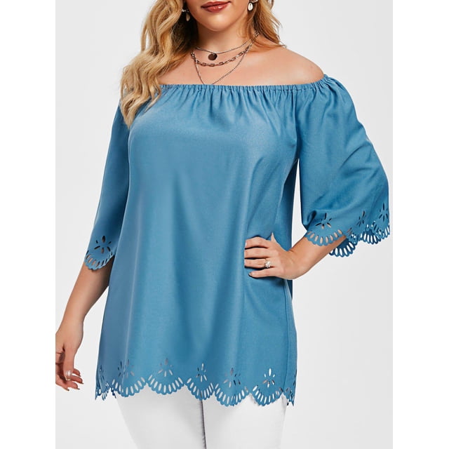 Corte láser festoneado recorte del hombro más el tamaño de la blusa Rosegal Blusas Tallas Grandes