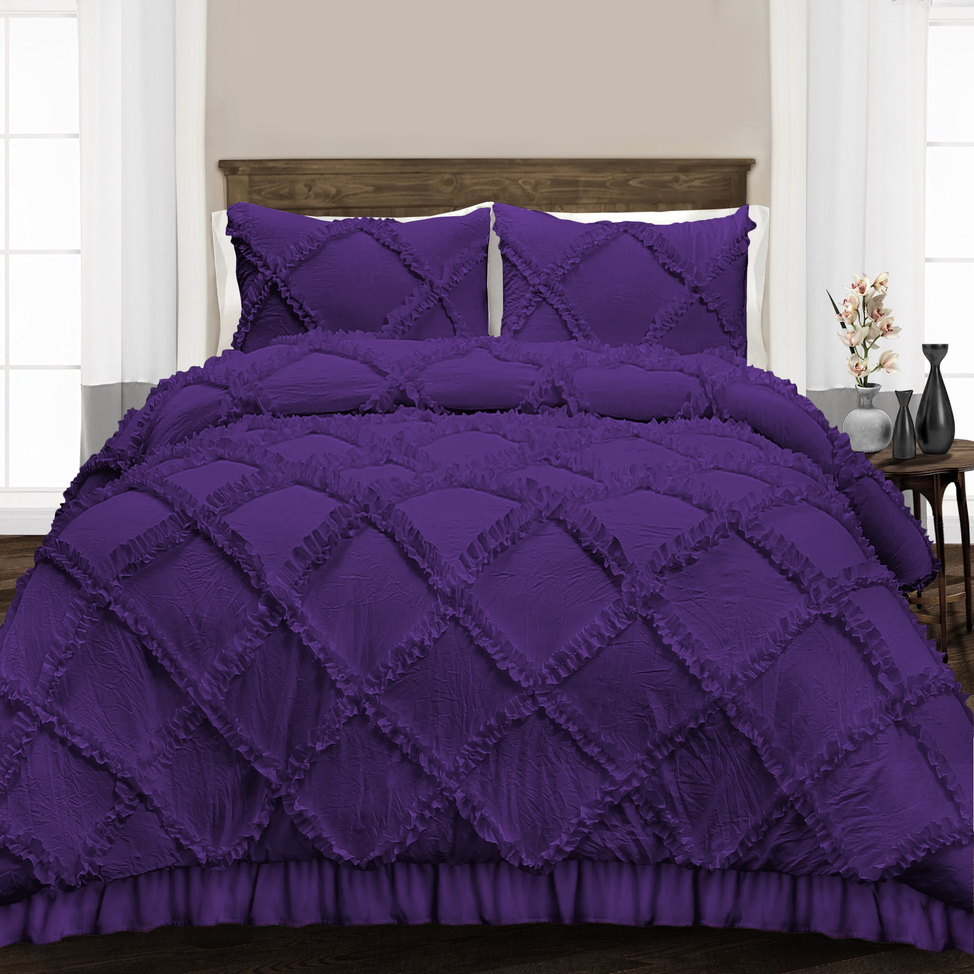 Super King Comforter Diamond Ruffle Purple Luxurious Collection