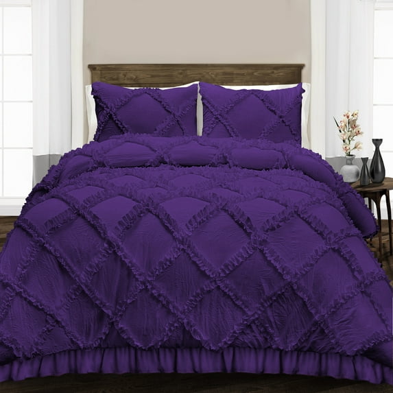 Oversized King/Palatial King Comforter Diamond Ruffle Purple Luxurious Collection Microfiber Fill Duvet Insert Box Stiched Quilted Fluffy Soft All Season Comforter with Pillowcases & Premium Piping
