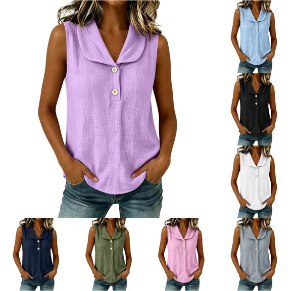 Rhuody Women Tops Sleeveless Button Front Shirt For Summer Slouchy Crewneck Tank Tops Womens Clothes Purple
