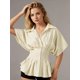 thumbnail image 5 of Blusas de verano para mujer, de manga corta, con cuello de solapa, estampado de rayas, abotonadas, con volantes plisados., 5 of 9
