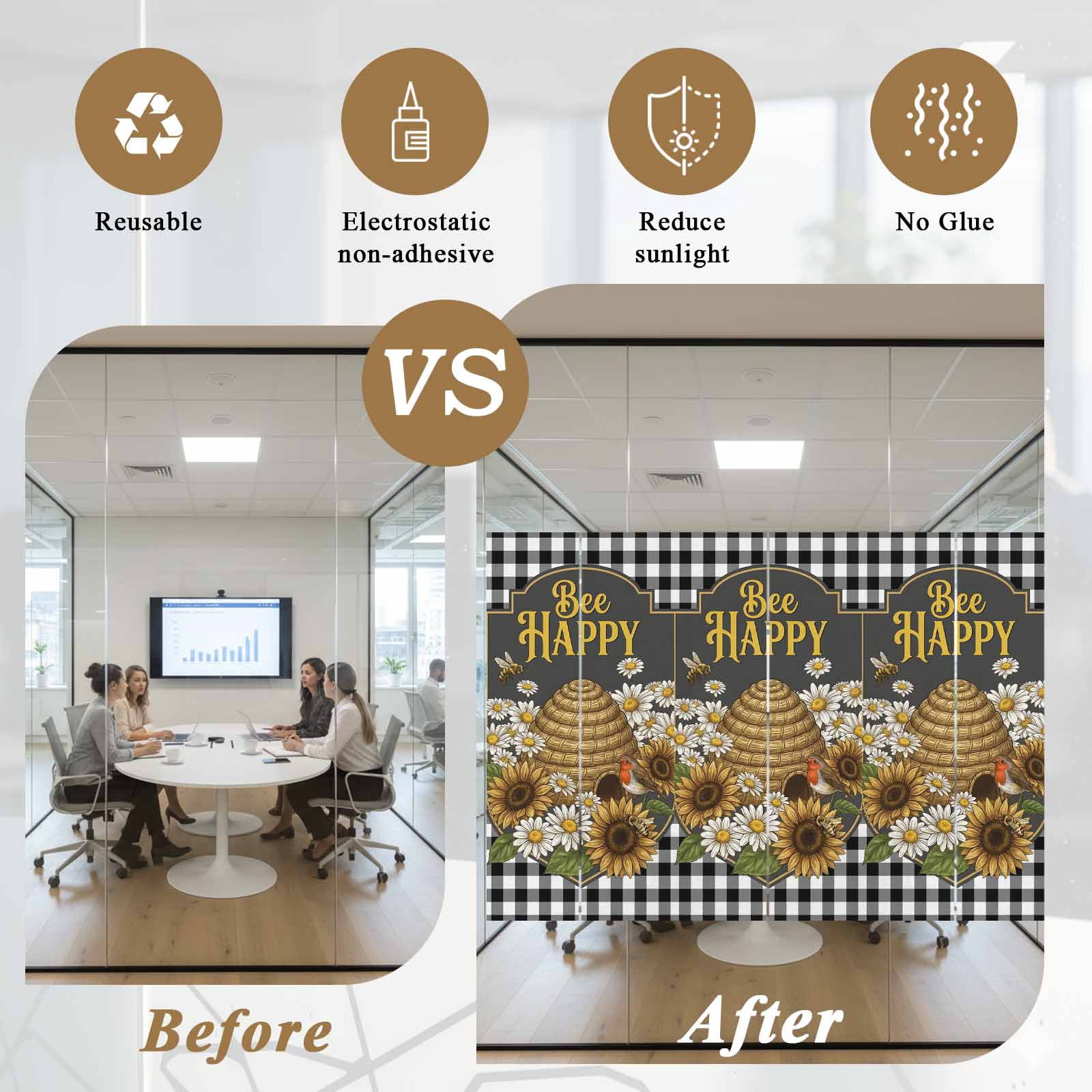 Happy Bee Window Privacy Film, Cartoon Bee Honeycomb White Daisy Black White Lattice Frame Frosted Glass Window Clings Static Cling UV Heat Blocking Reusable Door Sticker for Bathroom 23.6 x 59 Inch