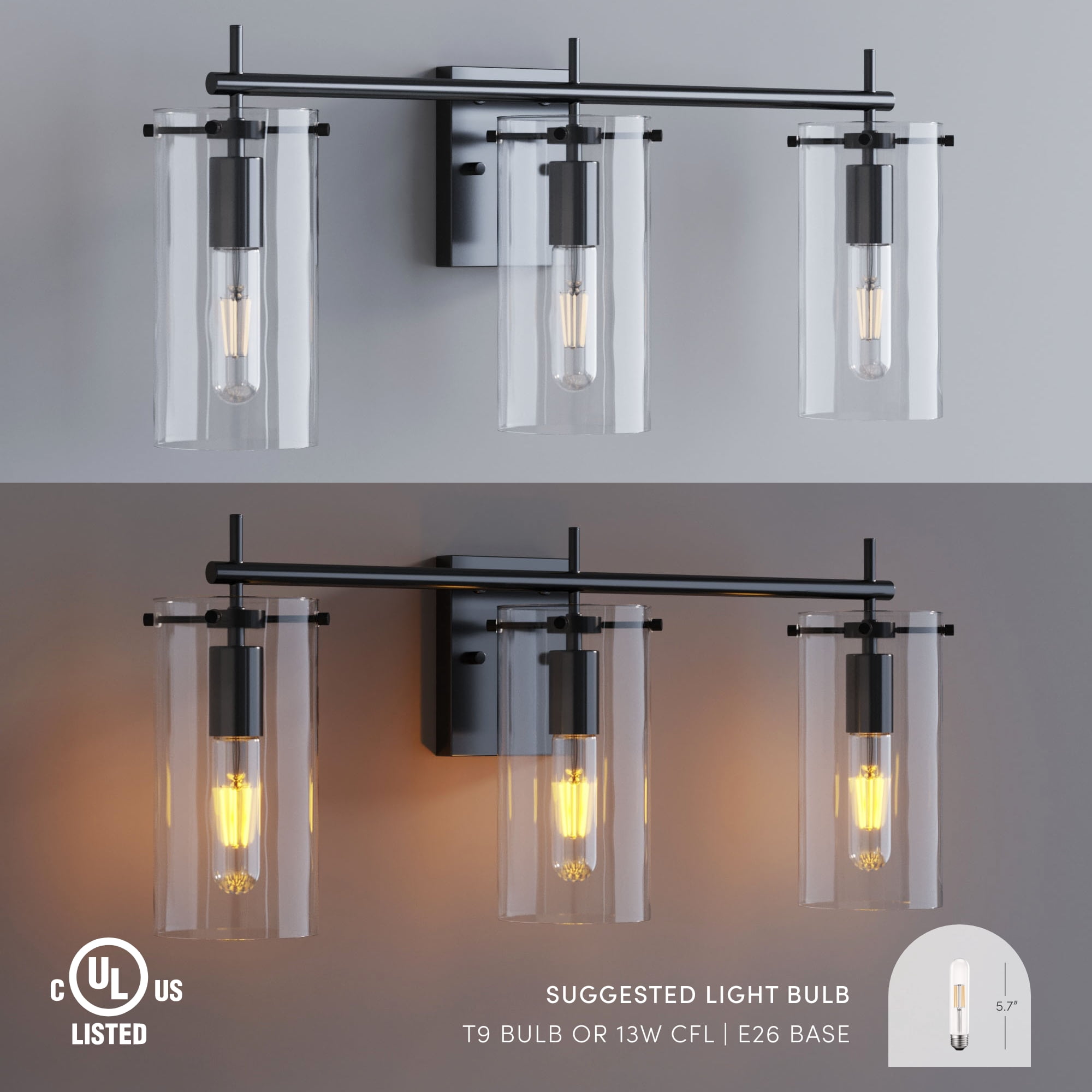 Nathan James Heidi 3-Lights Bathroom Vanity Light Fixture with Black Metal Frame and Clear Glass Shade