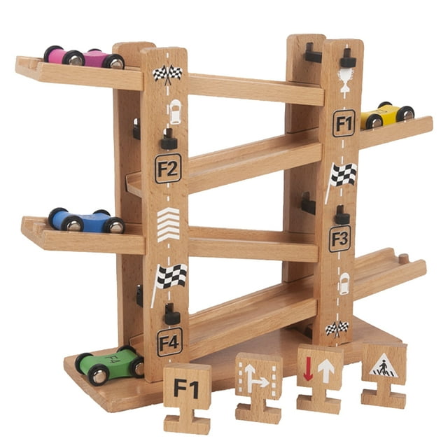Wooden Car Ramp Set Interactive Wooden Racer Ramp Toy 4 Level Race Track Ramp