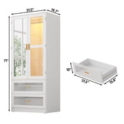 2 Doors Armoire Wardrobe Closet for Bedroom, with Mirror & 2 Drawers & LED Sensor Light, 71 H Wardrobe Closet Cabinet with Hanging Rod, Glass Doors