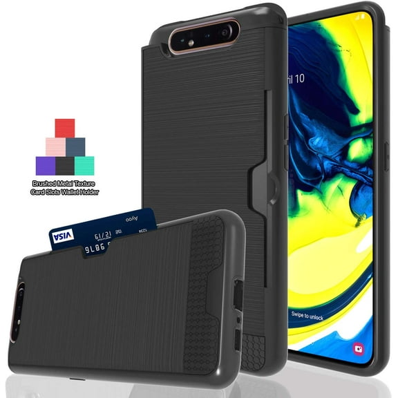 For Samsung Galaxy A80 / A90 Dual layer Metal Brushed W. Card Holder Shockproof Armor Hybrid Case Cover Black