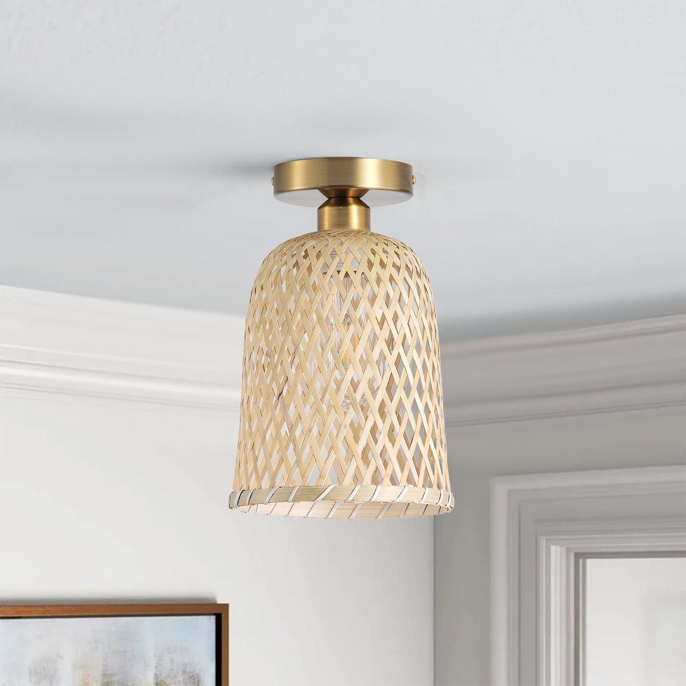 Bamboo Boho Caged Close to Ceiling Light, Farmhouse Vintage Woven Semi Flush Mount Ceiling Light for Hallway Foyer Bedroom Dining Room Kitchen Balcony