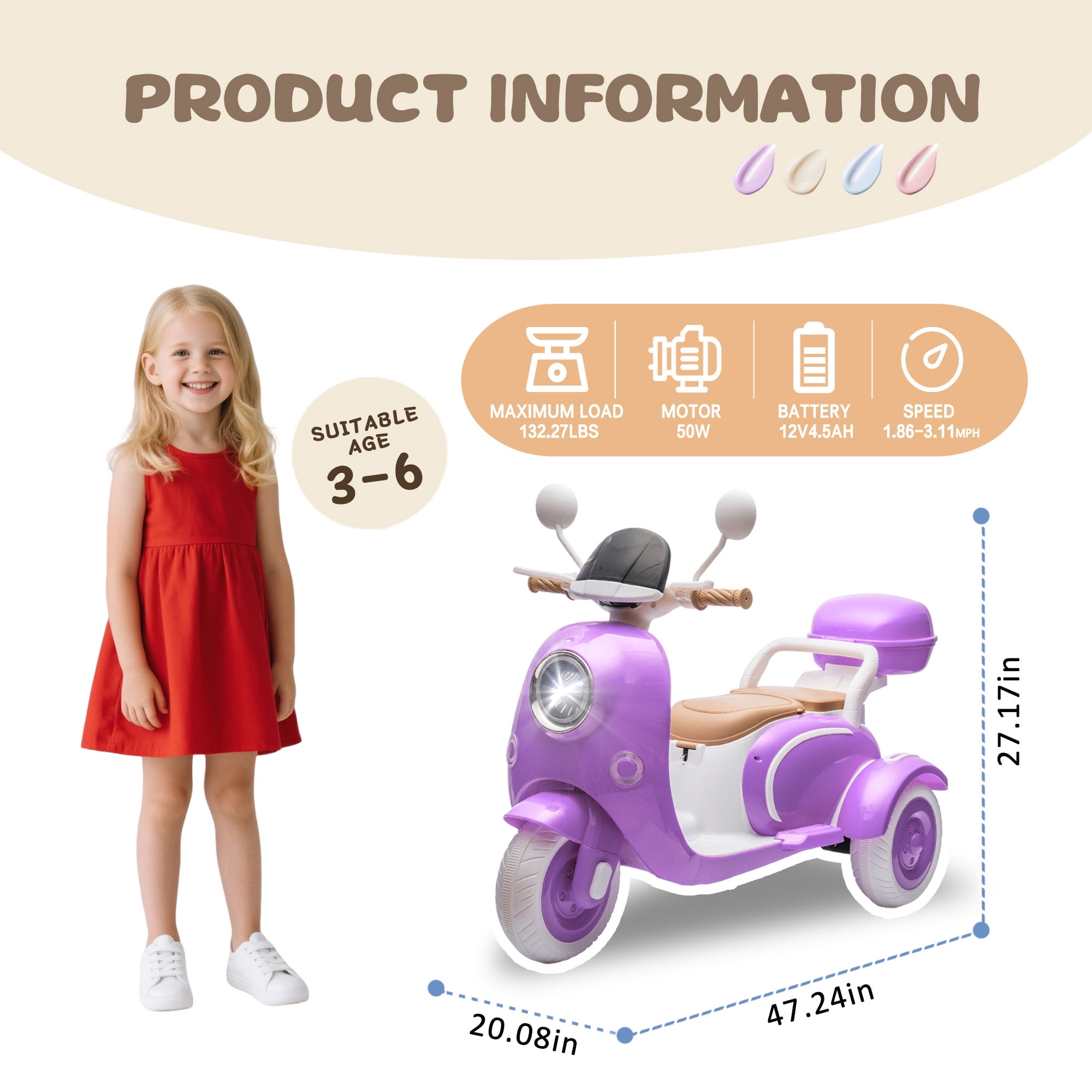 Xuanlur Upgrade 12V 2 Seater Dual Motor Kids Motorcycle, Girls Ride on Toys with Storage Compartments, Slow Start, USB, Bluetooth, Motorcycle for Kids Aged 3+(Purple)