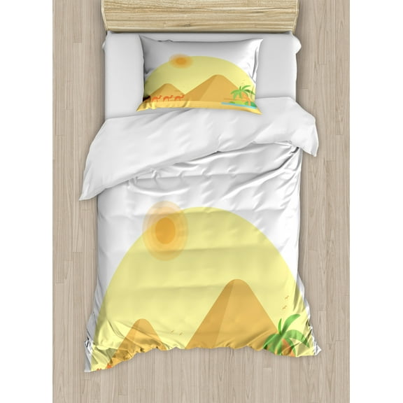 Oasis Duvet Cover Set Twin Size, Caravan of Camels Marching by the Egyptian Pyramids Illustration, Decorative 2 Piece Bedding Set with 1 Pillow Sham, Dark Mustard and Multicolor, by Ambesonne