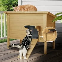 Outdoor Cat House Insulated for Multiple Cats, Weatherproof Large Wooden Pet House, Feral Cat Shelter, Foldable Ladder and Acrylic Side Window, Brown