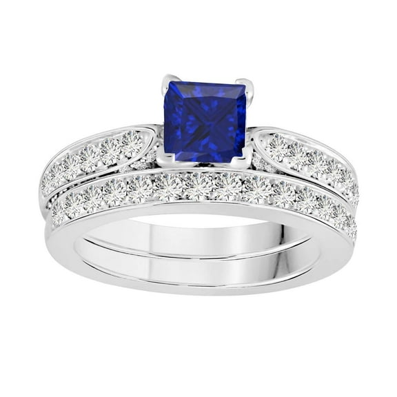 Aonejewelry Engagement Rings for Women 2.15 Carat Princess Shape Sapphire and Diamond Bridal Set Ring In 14K Solid Rose, White & Yellow Gold