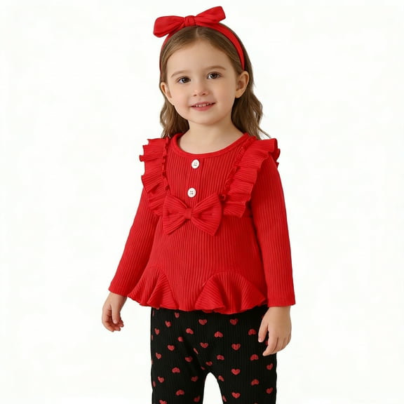 Toddler Baby Girls Outfits Valentines Day Long Sleeve Solid Color Bowktie Tops Heart Print Pants Headband 3 PC Spring Fall Set Z04-Red 12-18 Months