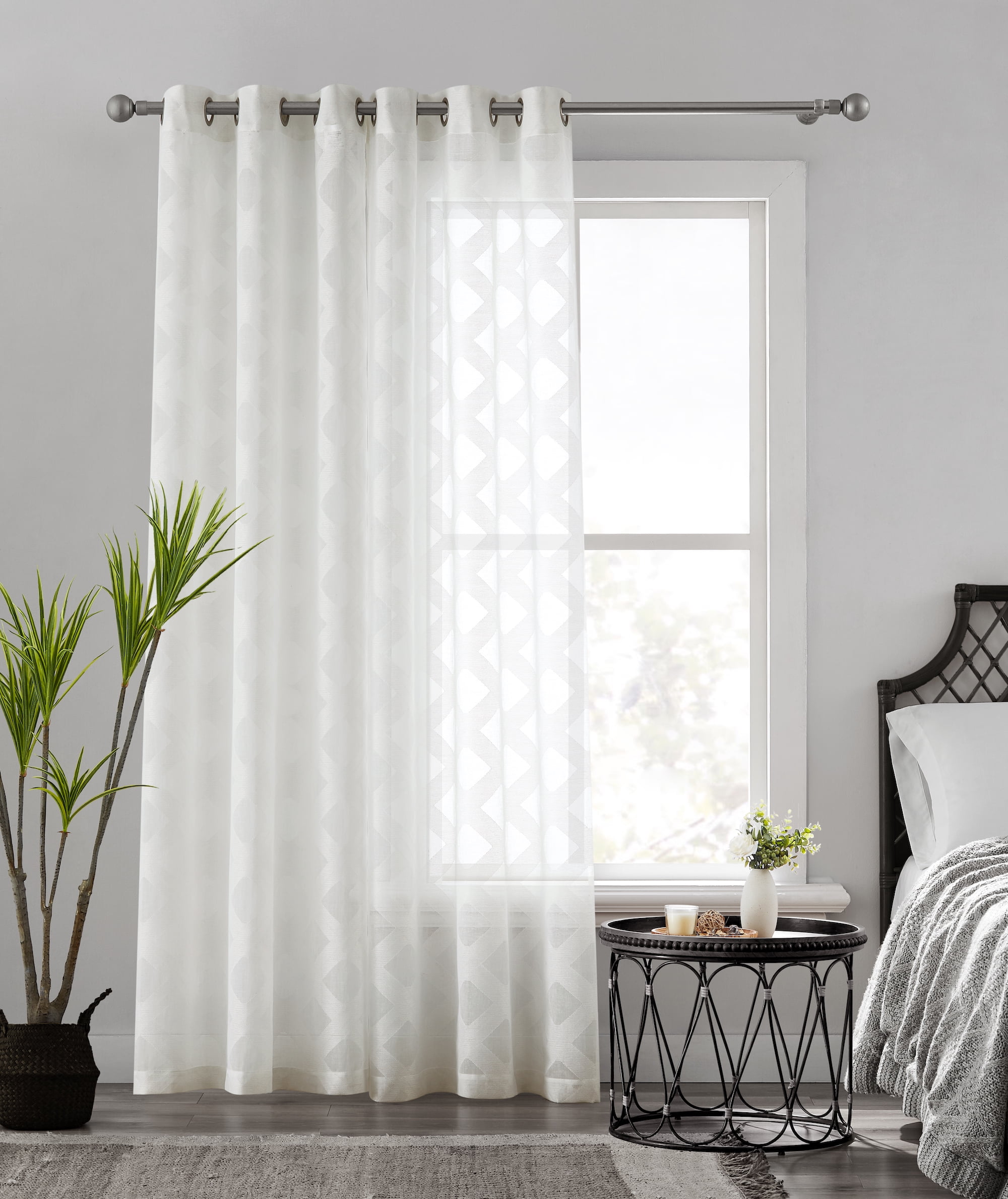 Dainty Home Diamonds Linen Look Boho Semi-Sheer Fabric With Geometric Modern Embroidered Geometric Diamonds Textured Designed Curtain Panel Pair Grommet Panel Pair 2 Curtain Panels 76" x 84" in White