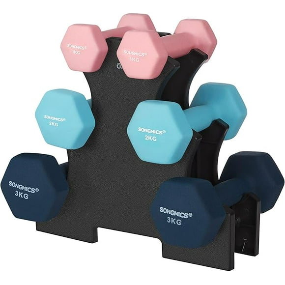 SONGMICS Hex Dumbbells Set with Stand - 2 x 1 kg, 2 x 2 kg, 2 x 3 kg, Neoprene Matte Finish, Hand Weights for Home Exercise, Pink, Aqua, and Blue