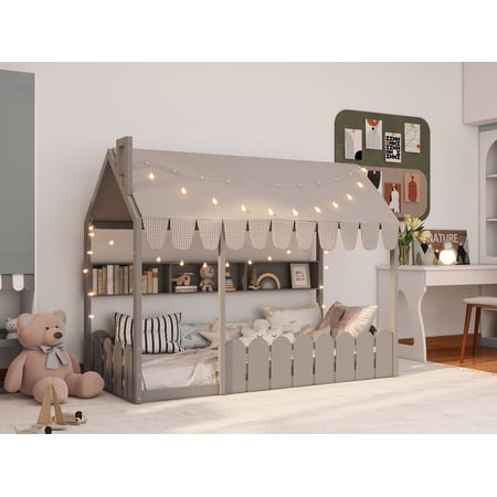 LFSLJJMY Twin Size Montessori House Bed for Kids, Floor Bed with Fence Railings, Tent, Lights & 3 Storage Shelves, Gray