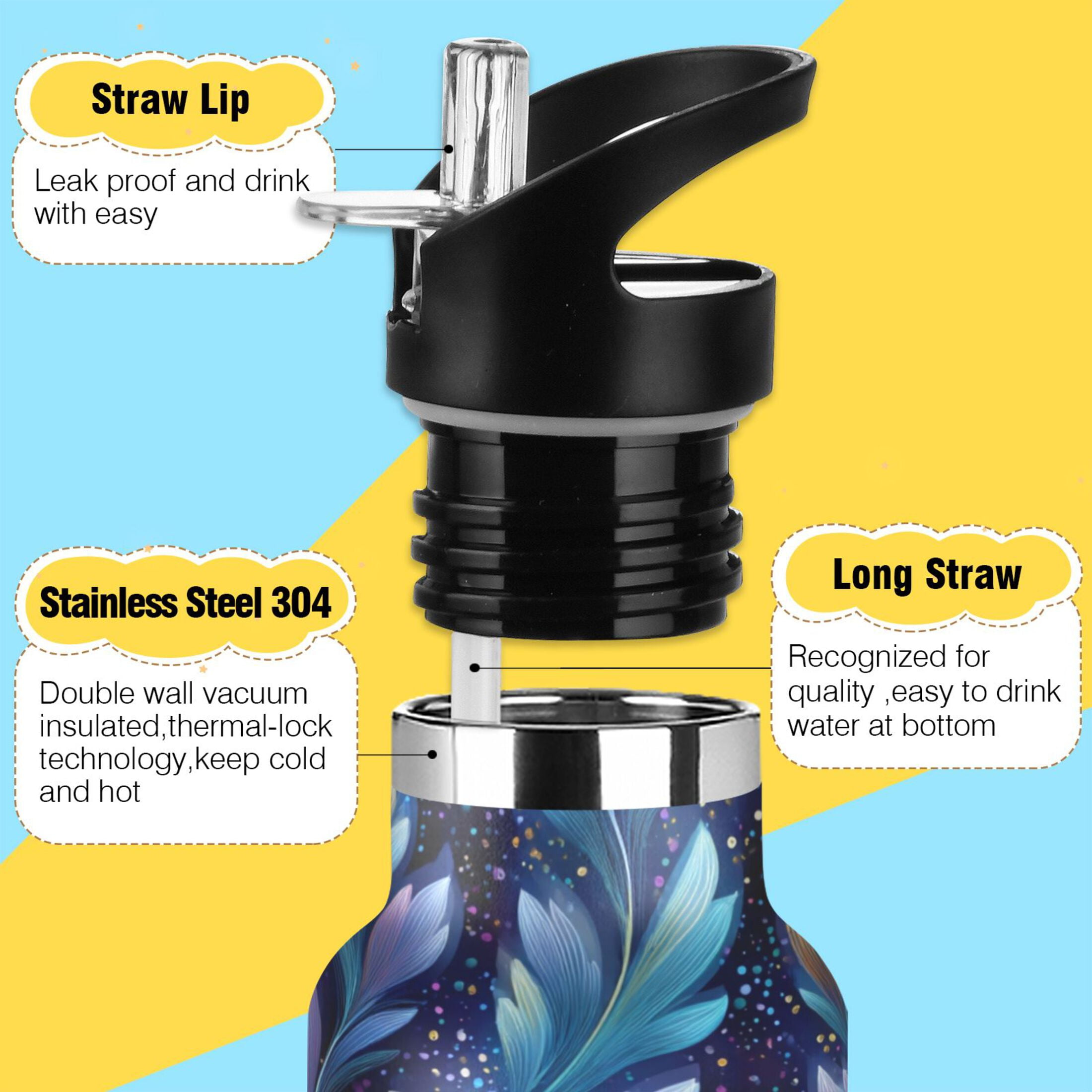 600ML Stainless Steel Insulated Cup Sports Water Bottle Portable Thermos Cup Water Glasses Insulated Tumblers Convenient and Durable Cartoon Blue Leaves