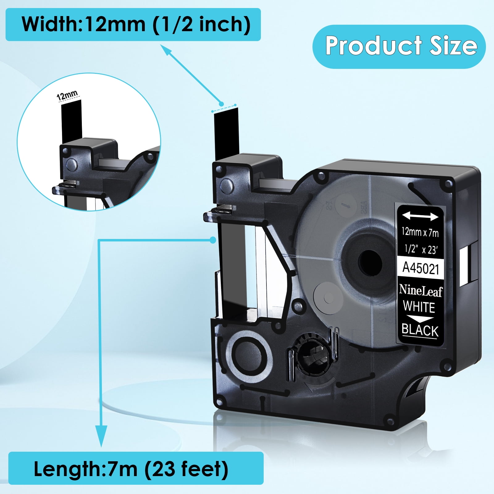 NineLeaf 6PK Compatible for DYMO D1 45021 1/2" x 23' (12mm x 7m) White on Black Label Maker Tape for Label Manager 100 120P 160 210D