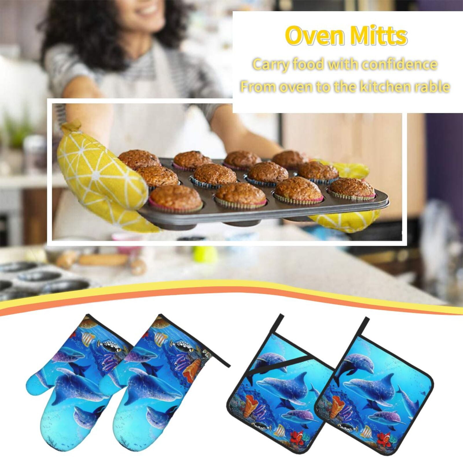 Dolphins Rainbow Dolphin 4Pcs Oven Mitts and Pot Holders Sets Oven Kitchen Gloves Hot Pads for Cooking BBQ Baking Grilling