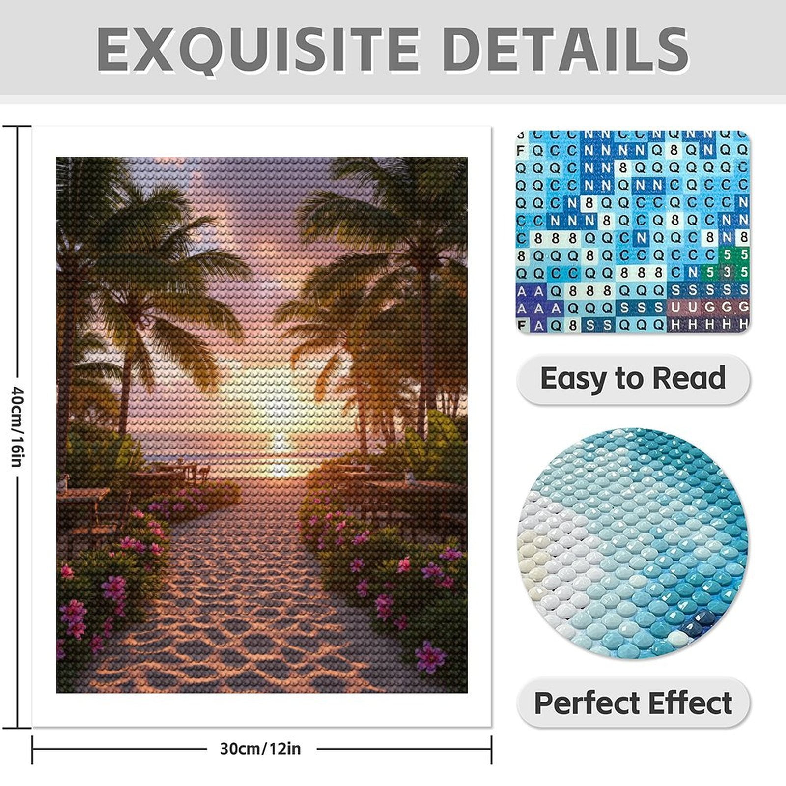 Diamond Art Kit for Adults, Sunset Beach Path Palm Trees Diamond Painting for Adults Beginners, DIY Diamond Art Painting Kits, 5D Diamond Painting Crafts for Home Decor 12x16 Frameless